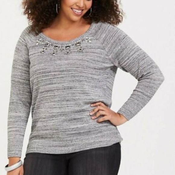 torrid Sweaters - Torrid Gray Marled Embellished Gem Sweater